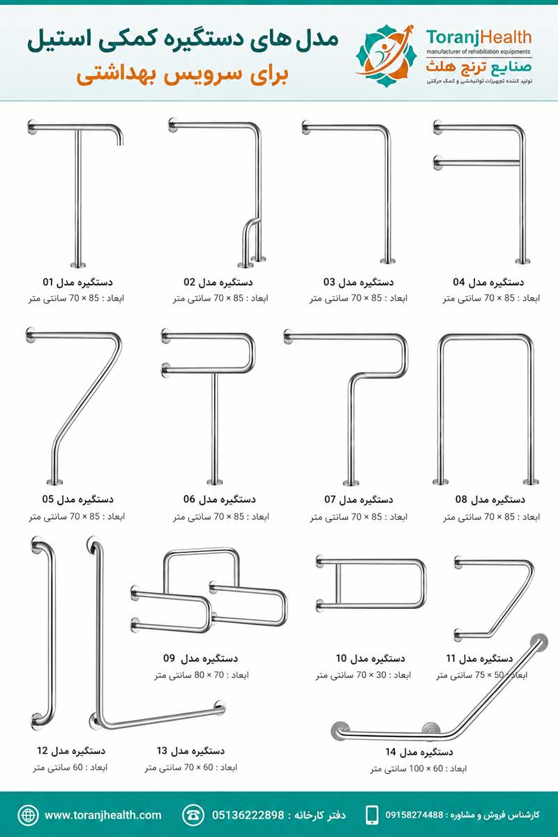 انواع مدل های دستگیره استیل برای ایمنی توالت و حمام سالمندان و بیماران